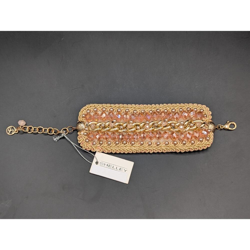 NEW SHELLEY Designer Statement Cuff Bracelet Peach AB Glass Beads Gold Tone NWT